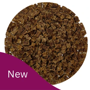 A circle of small brown chunks that are Britten and James Premium Venison Cubes treats for dogs.  At the bottom left is a purple swirl with white text reading 'New'.