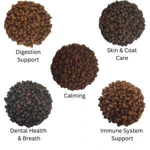 Photographs of our trade functional treats; digestion support, skin and coat care, calming, dental health and breath, immune system support