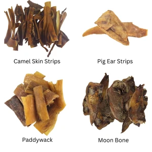 Photographs of four of our natural strips for dogs; camel skin strips, pig ear strips, paddywack and moon bone