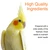 A lutino cockatiel, yellow with orange cheek, on a white background.  Text says 'High Quality Ingredients' in large orange text, then 'Prepared with a wide variety of the freshest, finest seeds to maintain birds' health' in smaller black text.