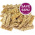 A large pile of buttery-beige braided natural beef chews for dogs, with purple circle to top right containing white text saying 'Save 66! Special Offer'.