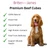 A happy spaniel to the right, with text above 'Britten and James Premium Beef Cubes'. To the left is a tick list of benefits: - 100% Natural, Grain Free, Hypoallergenic, High Protein Content, Free From Additives, Support Muscle Health