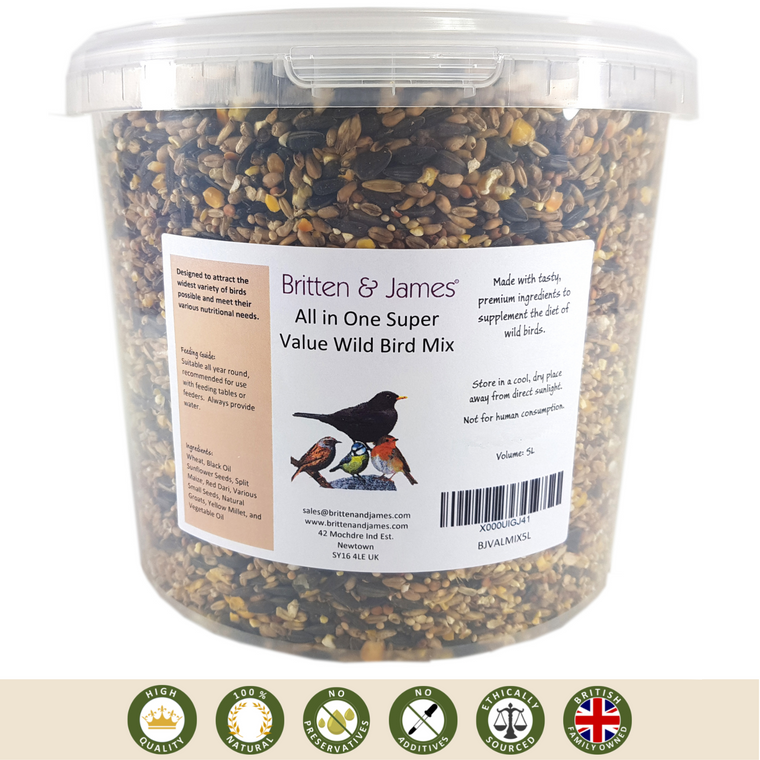 Britten and James All in One Super Value Wild Bird Mix in a tub, with symbols saying high quality, 100% natural, no preservatives, no additives, ethically sourced, and British family owned.