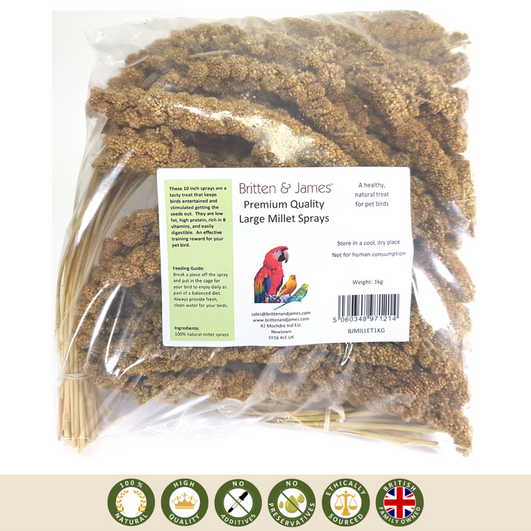 Britten and James  large millet sprays packaged, with symbols saying 100% natural, high quality, no additives, no preservative, ethically sourced and British family owned