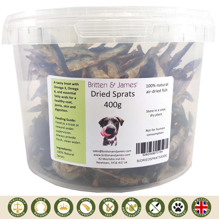 A tub of our dried sprats, with symbols for high quality, ethical sourcing, and lots of good things that are in the product description