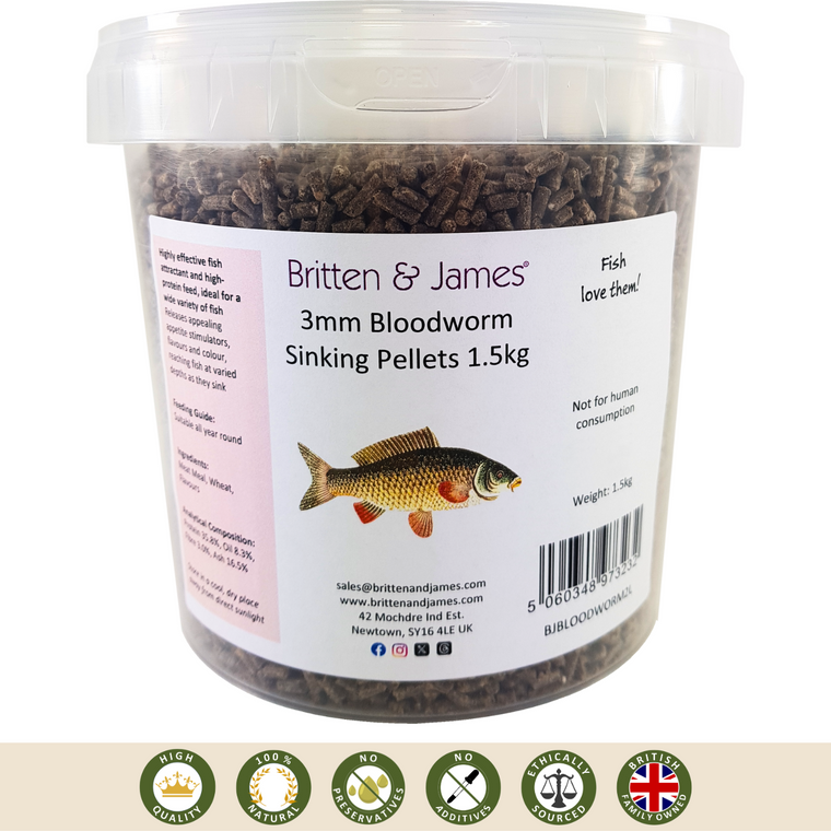 Britten & James Premium 3mm Bloodworm Sinking Pellets in a tub with label on