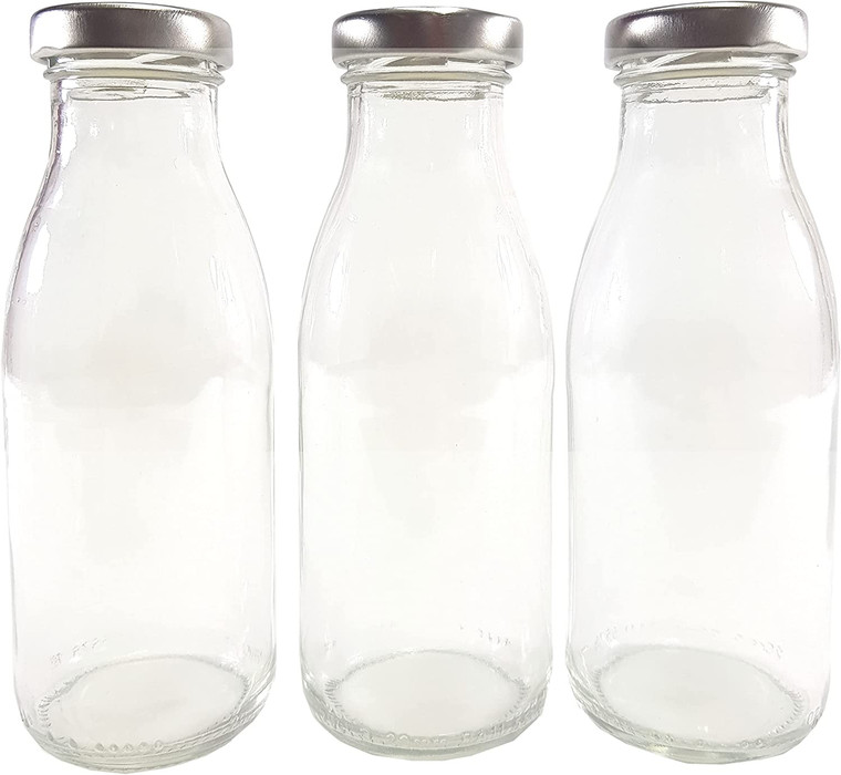 250ml Retro Glass Milk Bottle with Silver Lid [Pack of 3]