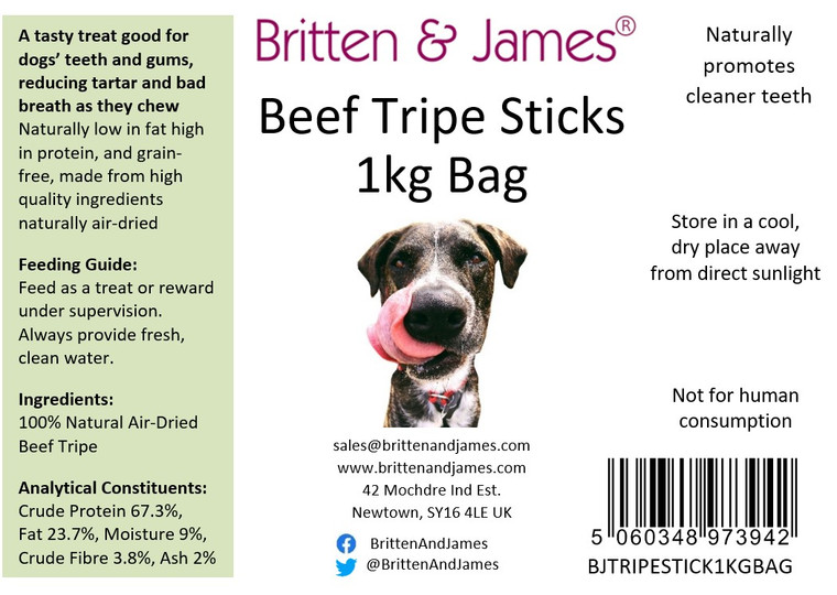 Beef Tripe Sticks Treats for Dogs (1kg Refill Bag) Britten & James