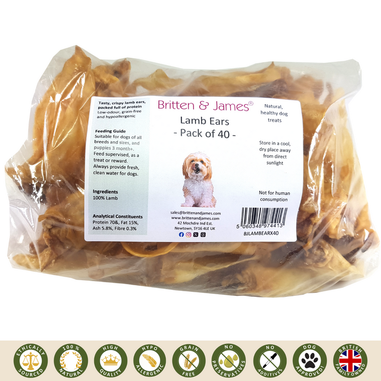 Pack of 40 Britten & James Natural Air-dried Crispy Lamb Ear Treats for Dogs