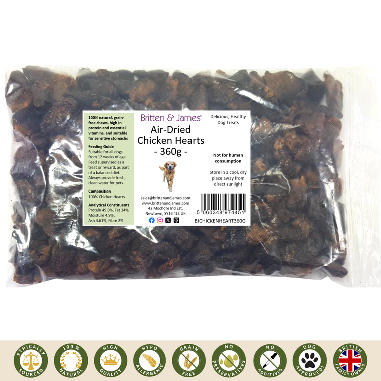 A bag of Britten & James Air-Dried Chicken Hearts, 360g