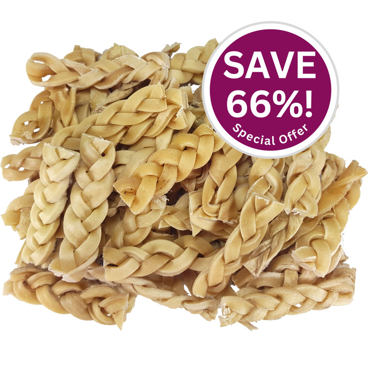 A large pile of buttery-beige braided natural beef chews for dogs, with purple circle to top right containing white text saying 'Save 66! Special Offer'.