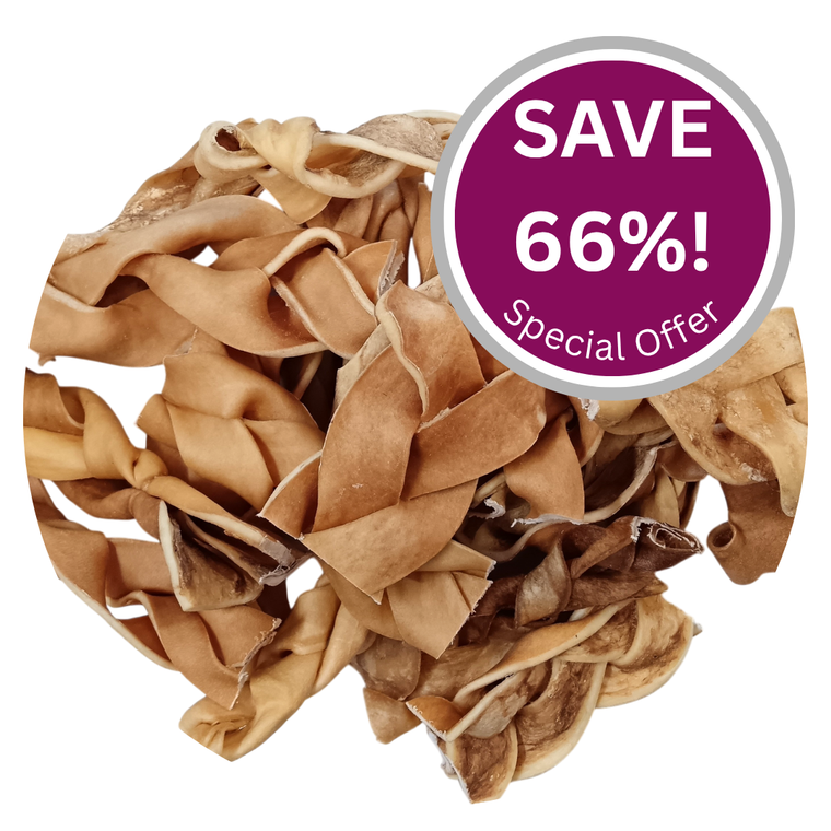 A large pile of buttery-beige braided natural beef chews for dogs, with purple circle to top right containing white text saying 'Save 66! Special Offer'.