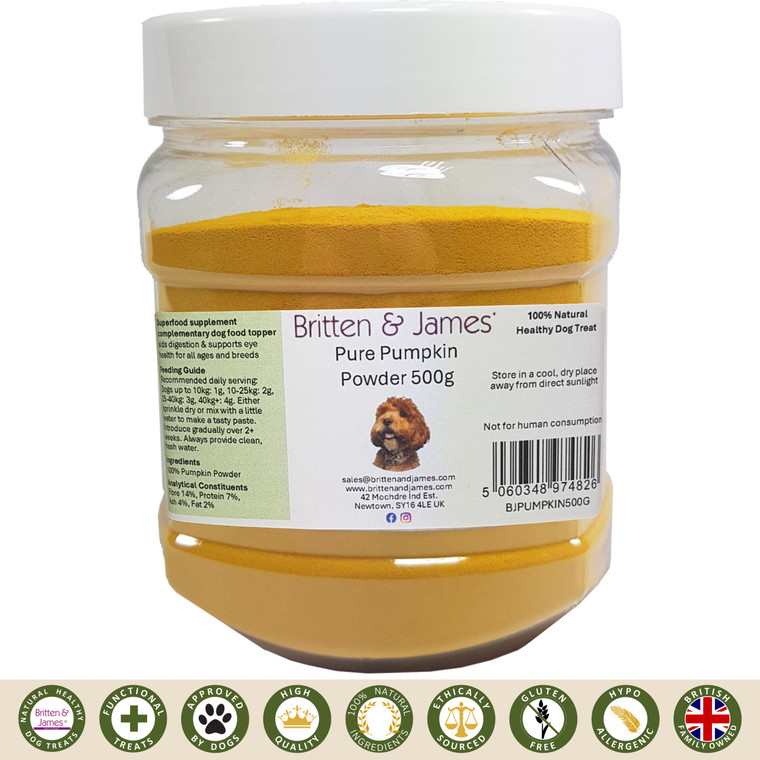 A tub of Britten and James Pure Pumpkin Powder for dogs with symbols below for high quality, 100% natural, ethically sourced, and more.