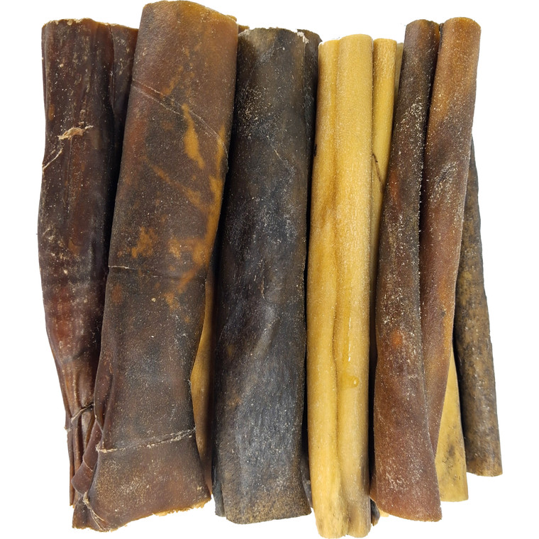 10 thick beef collagen chews for dogs, 15cm long cylindrical chews in varying shades of brown.