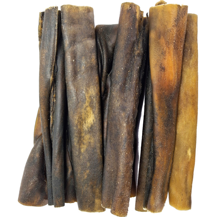 10 medium beef collagen chews for dogs, 15cm long cylindrical chews in varying shades of brown.