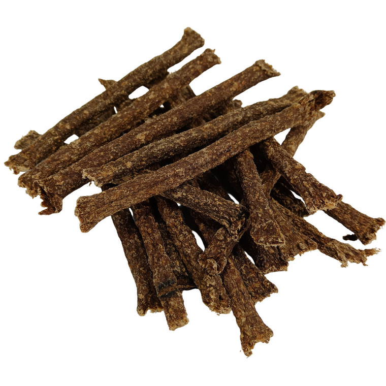 An neat pile of 100% natural beef stick treats for dogs.