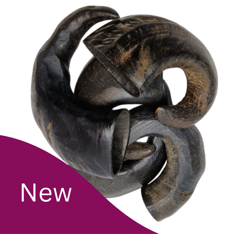5 Buffalo horns for dogs piled together, with purple swoosh at the bottom left with 'New' in white text