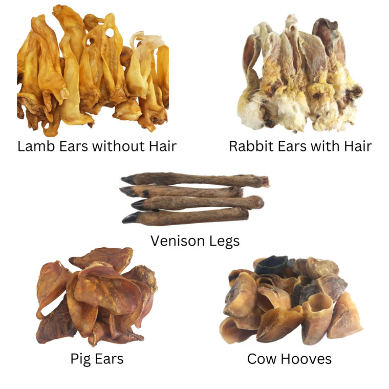 Photographs of our trade ears and hooves products; lamb ears without hair, rabbit ears with hair, venison legs, pig ears and cow hooves