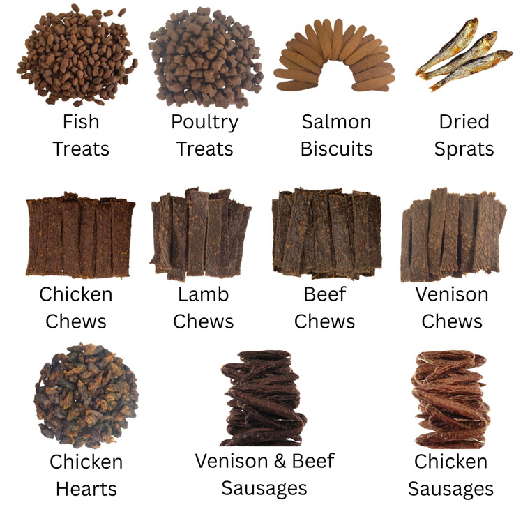 Photographs of our trade training treats; fish treats, poultry treats, salmon biscuits, dried sprats, chicken chews, lamb chews, beef chews, venison chews, chicken hearts, venison & beef sausages and chicken sausages.