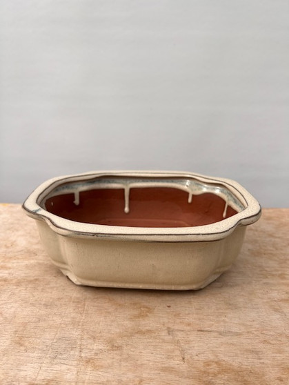 Med. Scallop Edge Glazed Ceramic Bonsai Pot- Off White