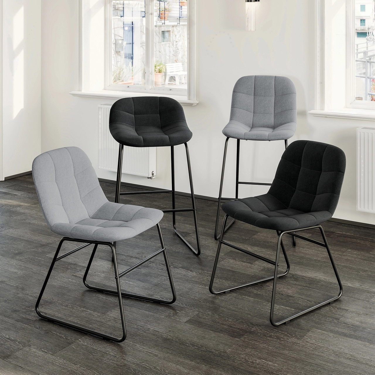 OfficeSource | Jaden | Café Height Fabric Stool with Black Sled