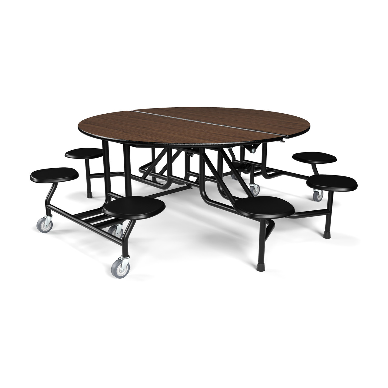 59T Round Mobile Cafeteria Table, 60" Round, 29" High, 8 Black Stools, Fusion Maple Top, Black Frame - Image 3