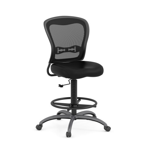 OfficeSource | Spice | Armless, Mesh Back Task Stool with Black Leather Seat, Footring and Titanium Steel Base