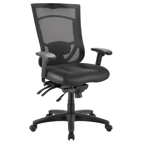 OfficeSource CoolMesh Pro Collection Multi-Function, High Back Chair with Leather Upholstered Seat, Adjustable Arms and Black Frame