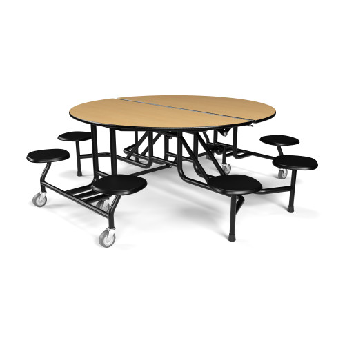 59T Round Mobile Cafeteria Table, 60" Round,  29" High, 8 Black Stools, Fusion Maple Top, Black Frame