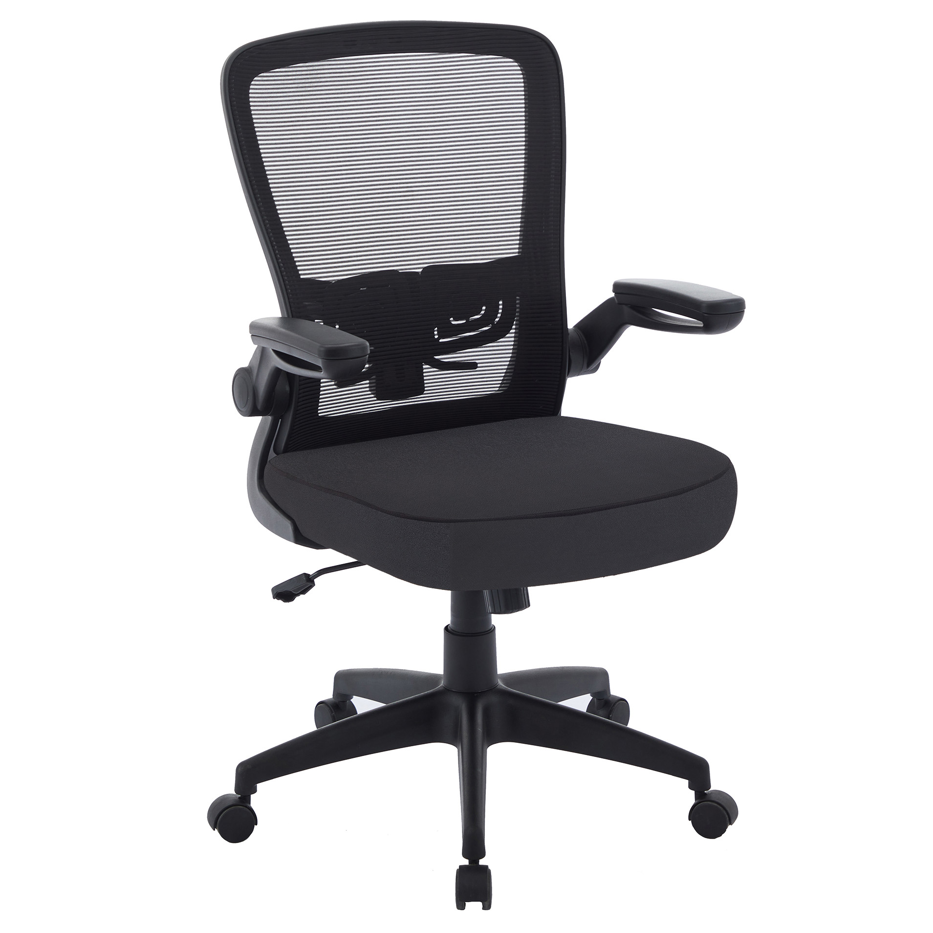 OfficeSource | Finn | Flip Arm Mesh Back Task Chair with Black Frame - Black Vinyl