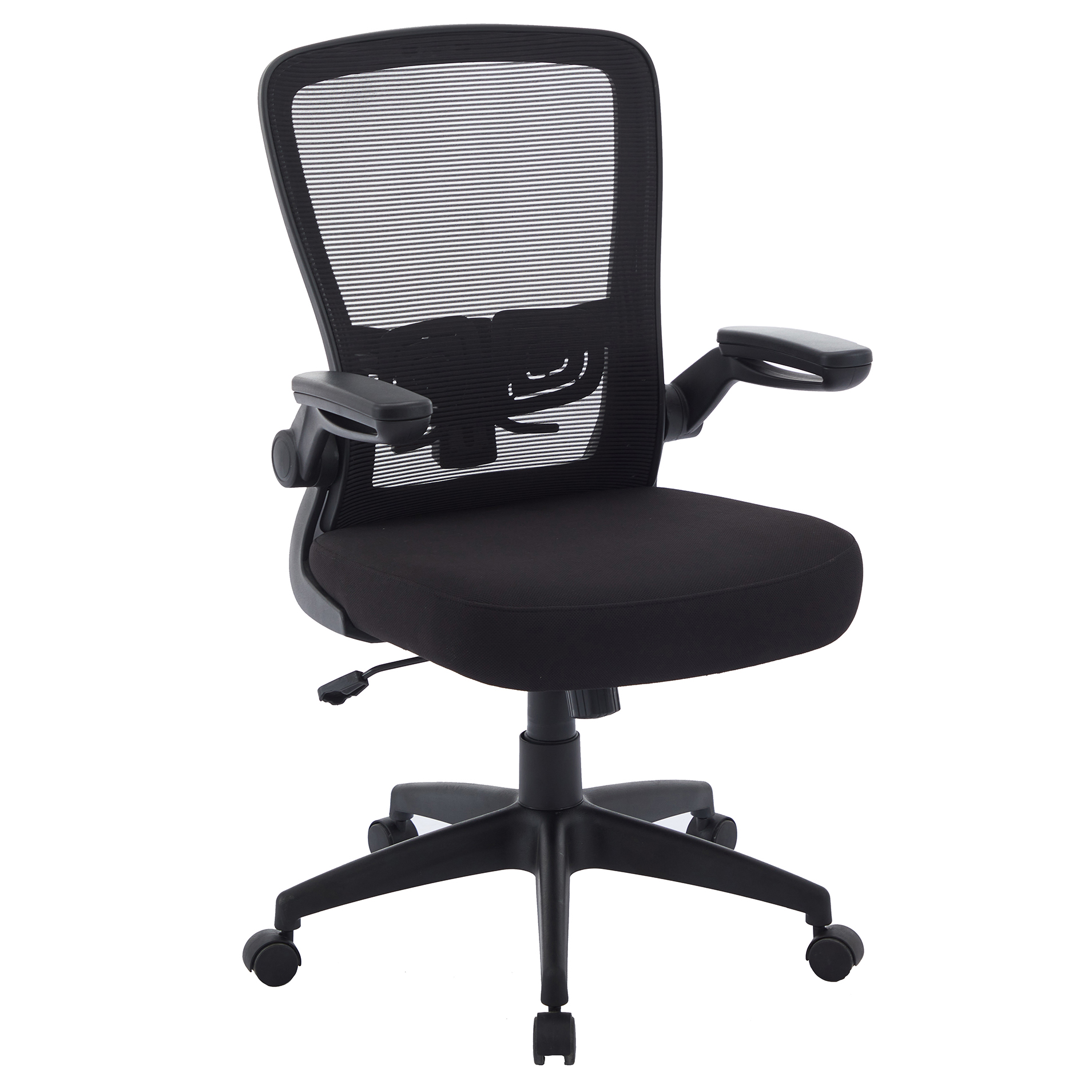 OfficeSource | Finn | Flip Arm Mesh Back Task Chair with Black Frame - Black Fabric