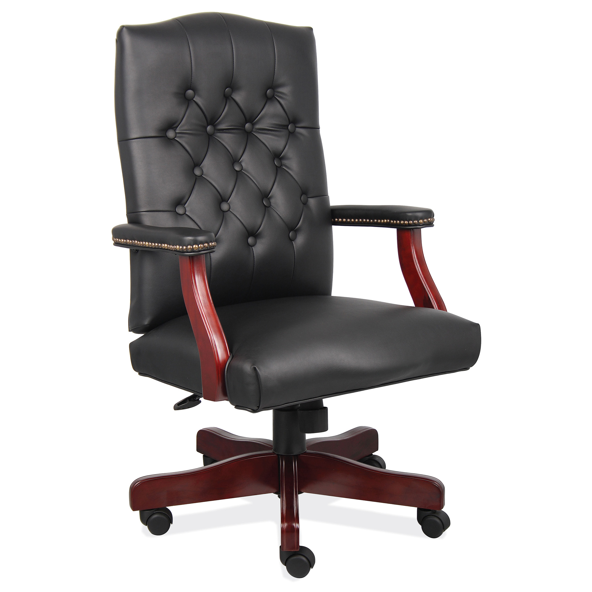 OfficeSource | Lancaster | Executive High Back Swivel with Mahogany Frame - Black Leather Soft Vinyl - Mahogany