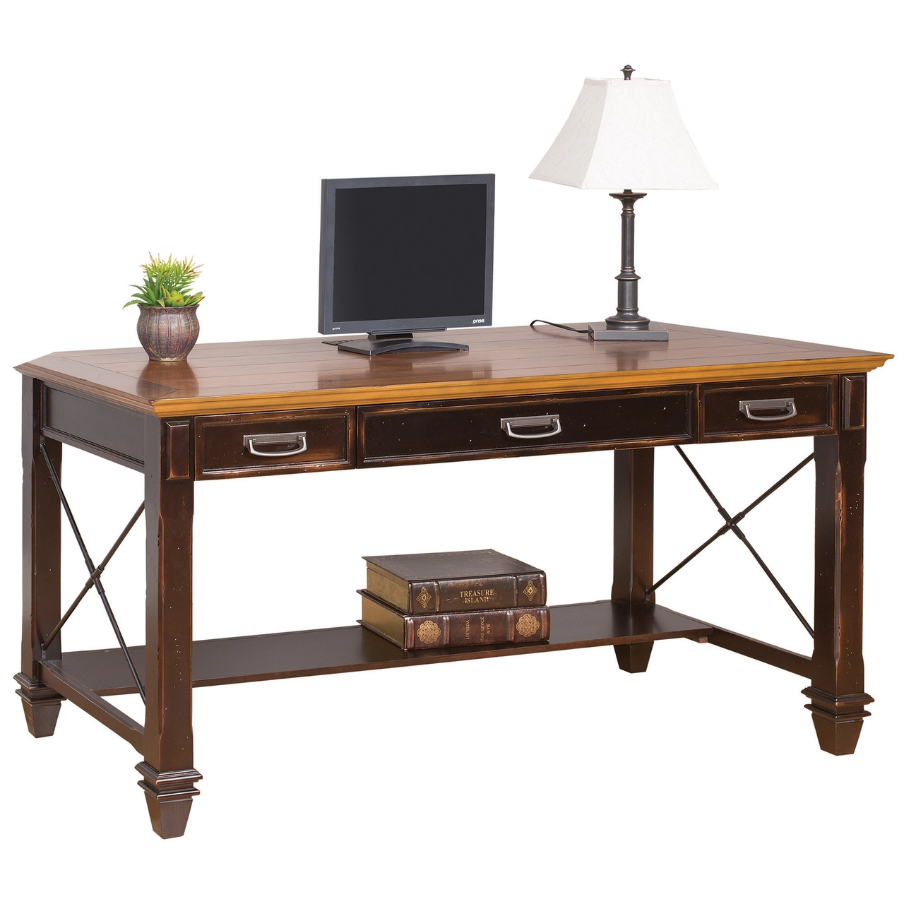 OfficeSource | Refined | 60''W Writing Desk - Vintage Black with Wood Plank Tops