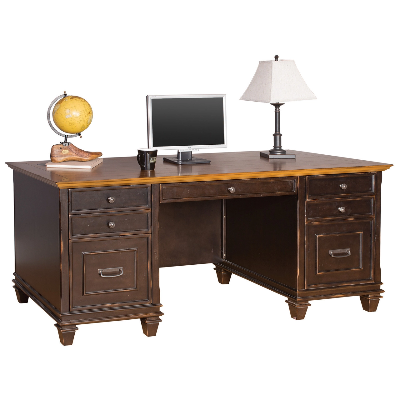 OfficeSource | Refined | 70''W Executive Desk - Vintage Black with Wood Plank Tops
