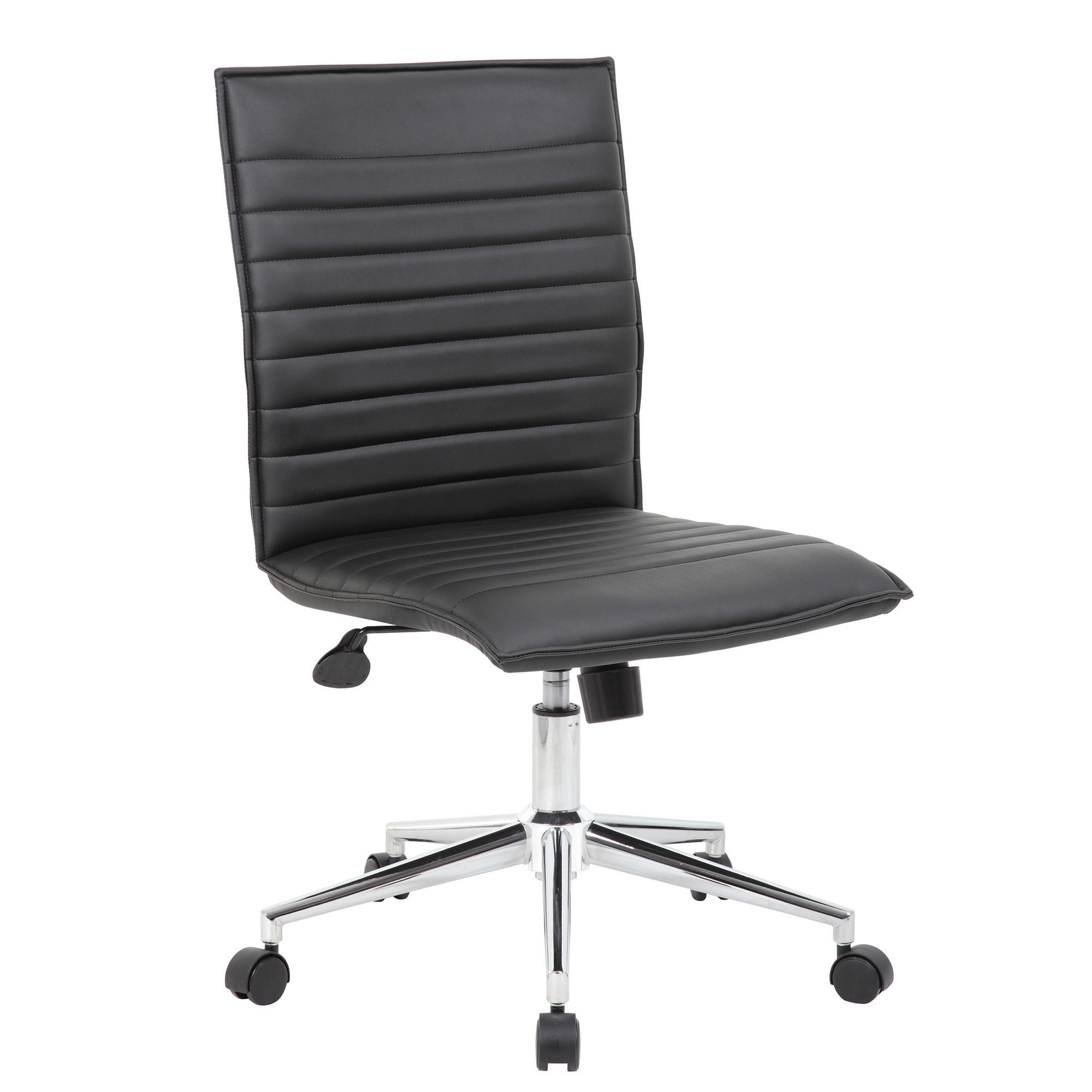 OfficeSource | Ridge | Executive Mid Back Armless, Ribbed Back Task Chair w/Chrome Base - Black Leather-Soft Vinyl - Chrome