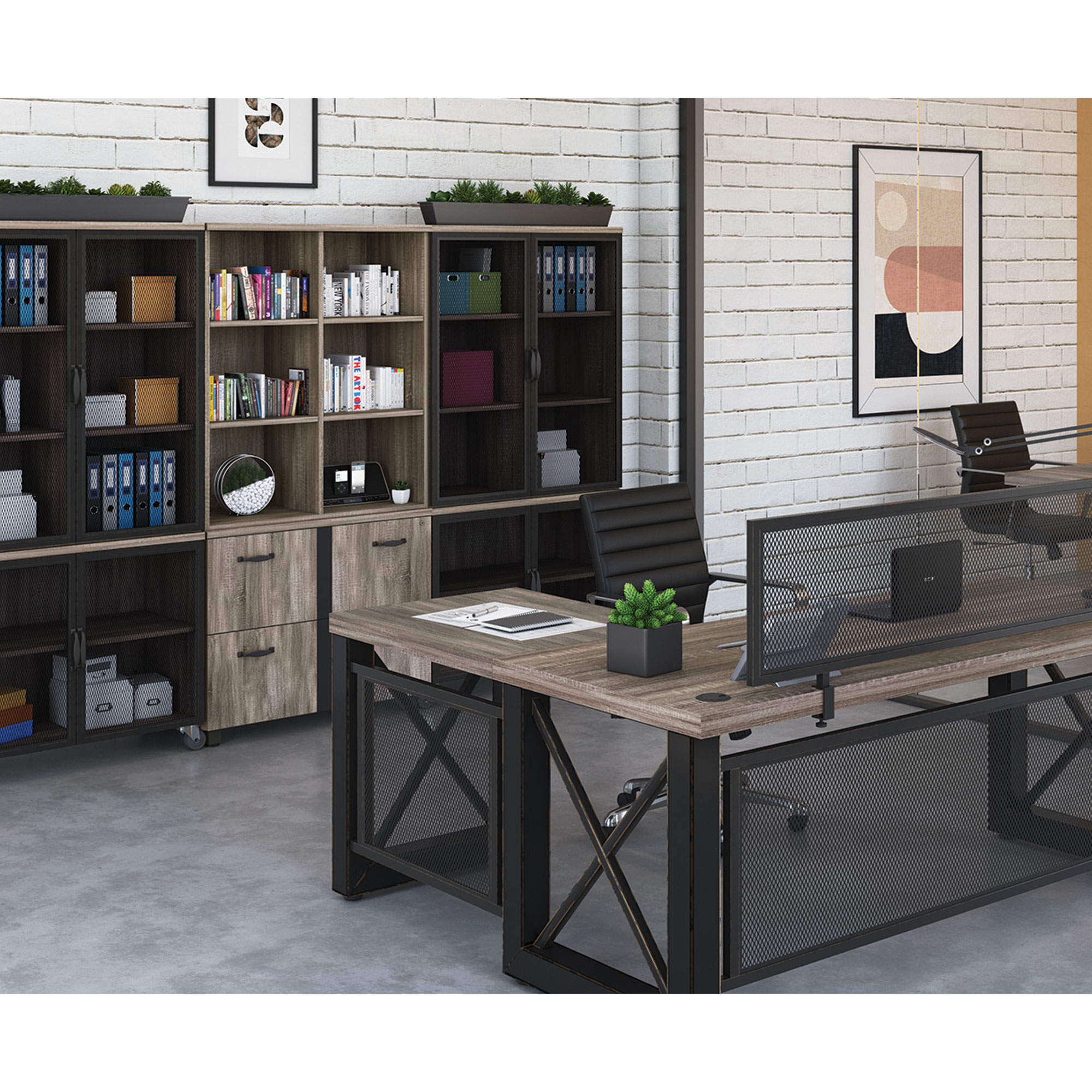 Riveted  Industrial Desk with Metal X Base and Metal Mesh Modesty Panel -  71W - OfficeSource