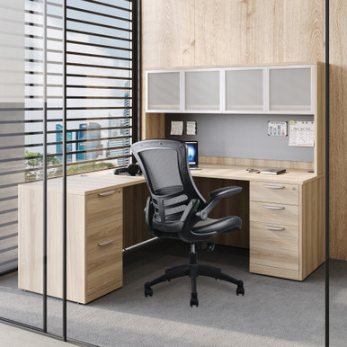 OfficeSource | Serene Collection | Flip Arm Mesh Back Task Chair with Black Frame - Black – view 5