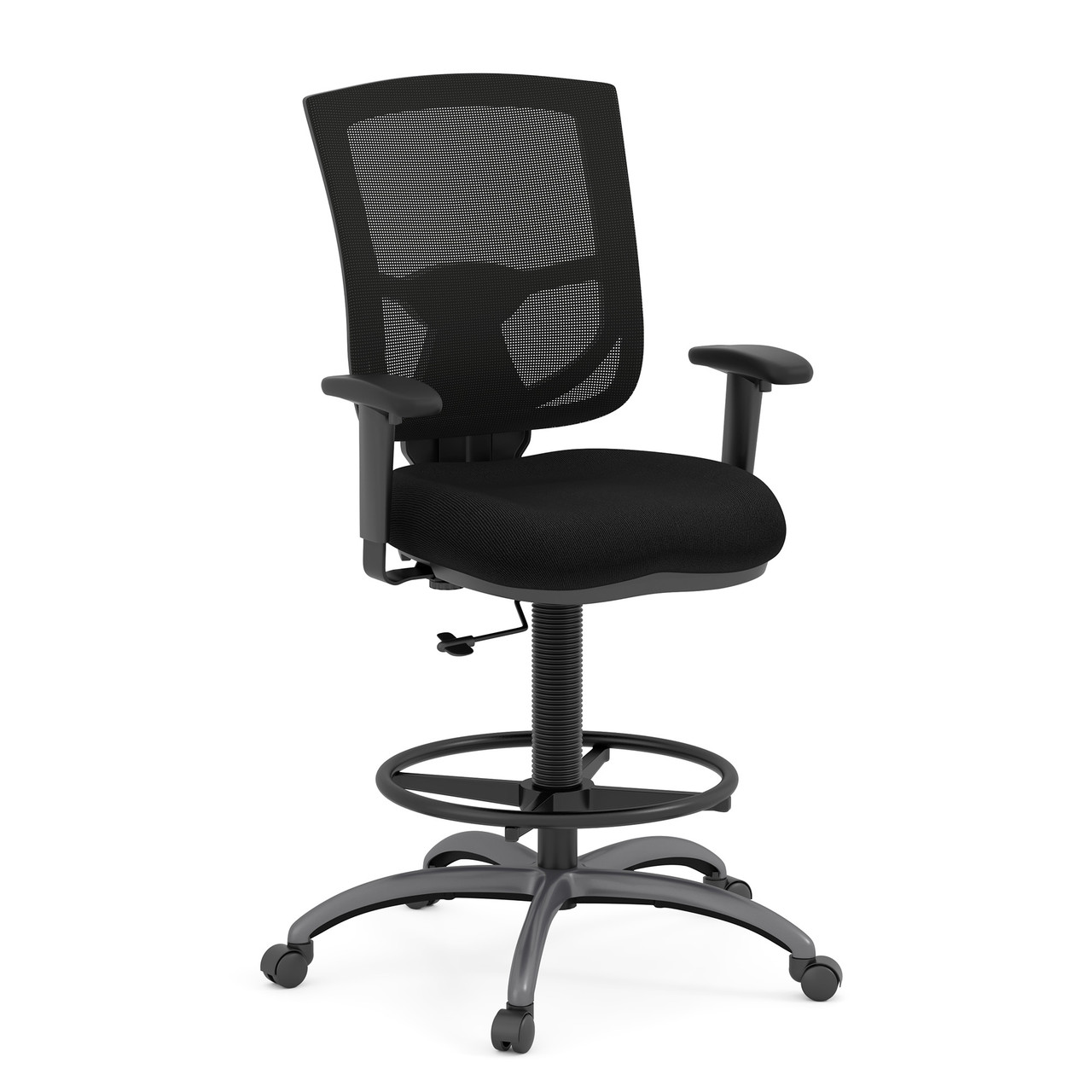 OfficeSource | CoolMesh Pro Collection | Mesh Back Task Stool with Adjustable Arms, Upholstered Seat, Footring and Titanium Base
