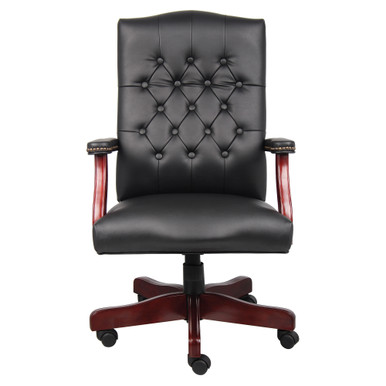 OfficeSource | Lancaster | Executive High Back  Swivel with Mahogany Frame - Black Leather Soft Vinyl - Mahogany – view 7