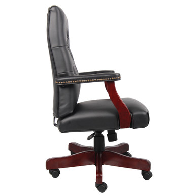 OfficeSource | Lancaster | Executive High Back  Swivel with Mahogany Frame - Black Leather Soft Vinyl - Mahogany – view 3