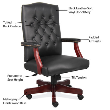 OfficeSource | Lancaster | Executive High Back  Swivel with Mahogany Frame - Black Leather Soft Vinyl - Mahogany – view 8