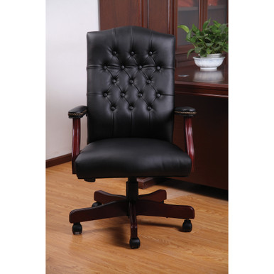 OfficeSource | Lancaster | Executive High Back  Swivel with Mahogany Frame - Black Leather Soft Vinyl - Mahogany – view 9