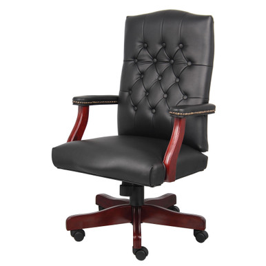 OfficeSource | Lancaster | Executive High Back  Swivel with Mahogany Frame - Black Leather Soft Vinyl - Mahogany – view 6