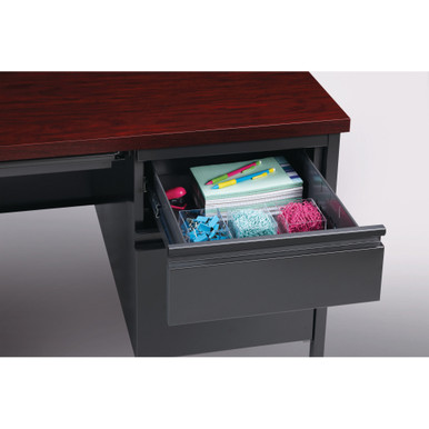 OfficeSource | Raleigh | 60''W Double Pedestal Steel Desk - Walnut - Black – view 11