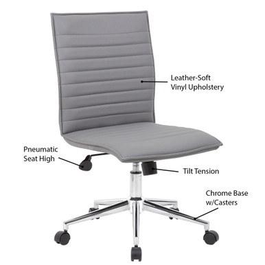 OfficeSource | Ridge | Executive Mid Back Armless, Ribbed Back Task Chair  w/Chrome Base - Black Leather-Soft Vinyl - Chrome – view 26