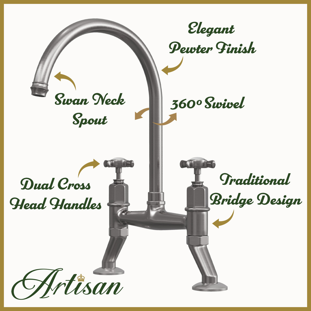 Artisan Mayfair Pewter Bridge Tap Crosshead Handles | Taps.co.uk