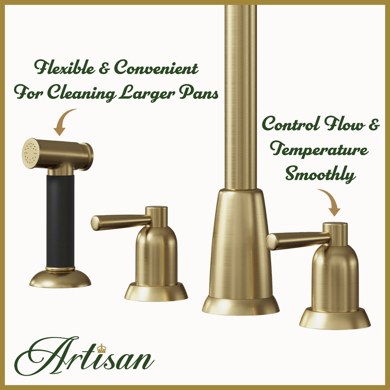 Kensington 3 Hole Brushed Brass Tap with Handspray | Taps.co.uk