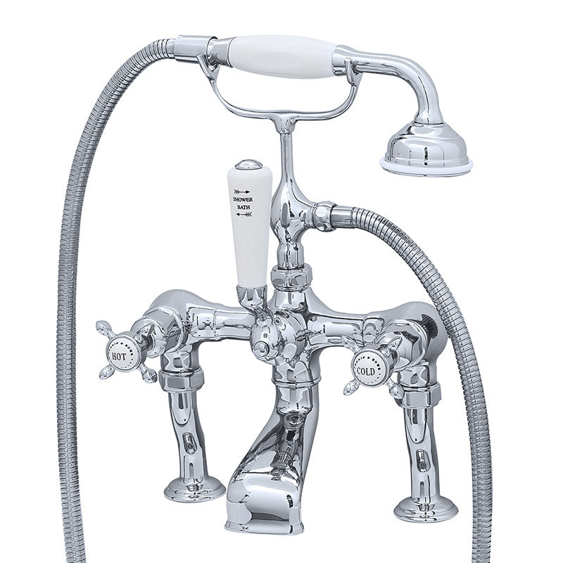 An image of Perrin & Rowe 3501 Pillar Mounted Shower Mixer Tap, Crosshead Handles