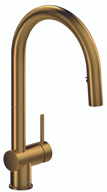 An image of Riobel Azure Single Lever with Pull Down Spray Brushed Gold Kitchen Tap