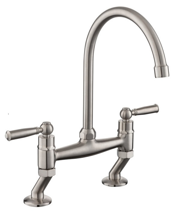 An image of Rangemaster Belfast Traditional Bridge Dual Lever Mixer Tap - Brushed